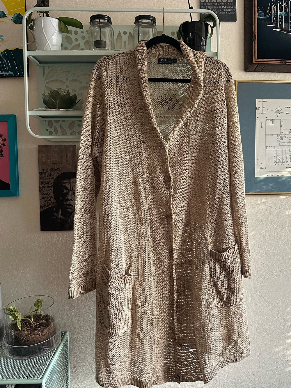 Ralph Lauren Linen Beige Open-Front Long Knit Cardigan